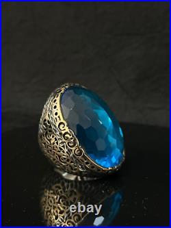 Silver Large Aqumaine Stone Ring, Man Blue Zircon Stone Ring Gift For Him