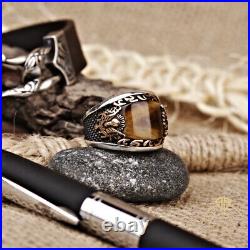 Silver Mens Heraldry Ring Tiger Eye Curved Brown Gemstone Vintage Signet Jewelry