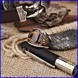 Silver Mens Heraldry Ring Tiger Eye Curved Brown Gemstone Vintage Signet Jewelry