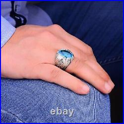 Silver Natural Aquamarine Stone Ring, Men Silver Engraved Vintage Ring