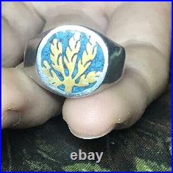 Size 11 Vintage Gold & Turquoise Inlay Pot Leaf 925 sterling silver Ring band