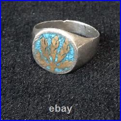 Size 11 Vintage Gold & Turquoise Inlay Pot Leaf 925 sterling silver Ring band