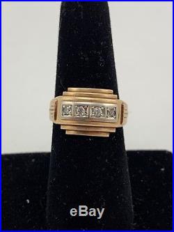 Solid 14 K Gold & Diamond Art Deco Ring Size 7.5 Men's Vintage, Antique, Unique