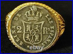 Spanish 1858 Isabella 2 Reale silver gold filled genuine mens size 13 ring