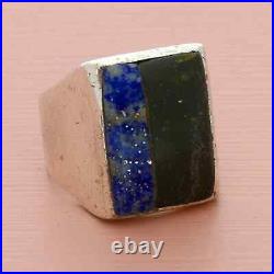 Sterling silver mens vintage onyx & sodalite inlay ring size 8.75