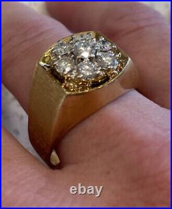 Stunning Mens Vintage Diamond Cluster Ring in 14k Yellow Gold