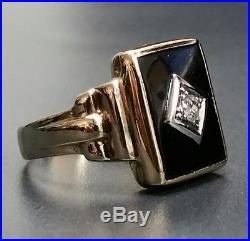 Stunning Vintage 10K Yellow Gold 7.20 Gr Estate Men's Black Onyx Diamond Ring 8