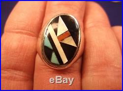 Stunning Vtg Mens Sterling Silver Zuni Ring, Signed Boone, Turquoise, Onyx++
