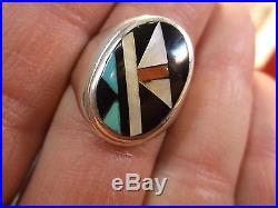 Stunning Vtg Mens Sterling Silver Zuni Ring, Signed Boone, Turquoise, Onyx++