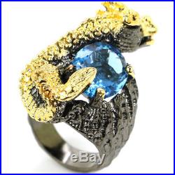 Sublime Antique Vintage Dragon Tanzanite Man Black Gold Silver Ring US 7.75#