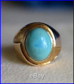 Superb 14 Kt Gold Vintage Persian Blue Turquoise Size 11 1/2 Men's Ring 11 Grams