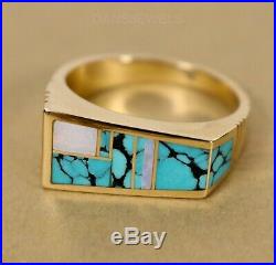 T. Knifewing Vtg Old Pawn NAVAJO 14K Yellow Gold Spiderweb Turquoise Men's Ring