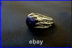 Turquoise Lapis Lazuli Ring Carved Leaf Sterling Silver Size 8 Vintage