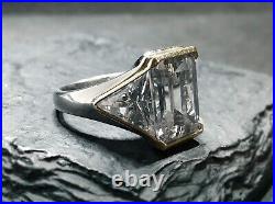 Unique ART DECO MODERNIST Men's Ring Emerald-Cut ROC-CRYSTAL QUARTZ in Sterling