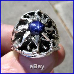 Unique, Custom Mens Silver Sunburst Ring With A Star Sapphire, Vintage Design