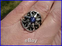 Unique, Custom Mens Silver Sunburst Ring With A Star Sapphire, Vintage Design