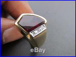Unique Retro Vintage Diamond Octagon Cut Ruby 10k Solid Yellow Gold Men's Ring