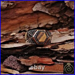 Unique Silver Mens Ring Tiger Eye Hexagon Brown Gemstone Vintage Rings For Men