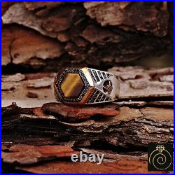 Unique Silver Mens Ring Tiger Eye Hexagon Brown Gemstone Vintage Rings For Men