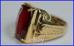 VINTAGE 14K SOLID YELLOW GOLD MEN'S RING NATURAL RUBY 3.80 CT + DIAMONDS Size 10