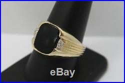 VINTAGE 14K Solid Gold Men's Large ONYX with DIAMOND Accent Shield Style Ring
