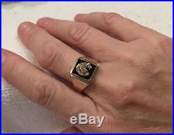 VINTAGE 9ct GOLD and BLACK ONYX-LUCKY HORSE SHOE-EQUESTRIAN MEN'S RING-UK Size Y