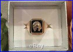 VINTAGE 9ct GOLD and BLACK ONYX-LUCKY HORSE SHOE-EQUESTRIAN MEN'S RING-UK Size Y