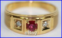 VINTAGE ESTATE MEN'S RING NATURAL RUBY DIAMONDS 14K SOLID YELLOW GOLD Size 11.5