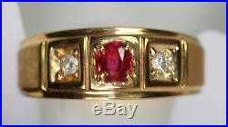 VINTAGE ESTATE MEN'S RING NATURAL RUBY DIAMONDS 14K SOLID YELLOW GOLD Size 11.5