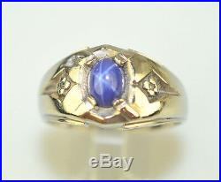 VINTAGE MENS 10K WHITE GOLD RING with SMALL SIMULATED BLUE STAR SAPPHIRE SIZE 10