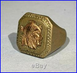 VINTAGE MENS INDIAN HEAD CHIEF MEXICAN BIKER SIZE 10 NICKEL and Gold Top RING