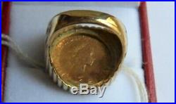 VINTAGE SOVEREIGN RING. Mens, size P+half. 9ct gold mount and 22ct 1982 coin. Exc