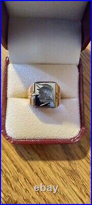 VIntage Mens Pinky Ring 10K Yellow Gold Hematite Intaglio Roman Soldier Profile