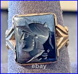 VTG 10K Y GOLD & Hematite Intaglio Roman Soldier Ring Band Size 8-1437.23
