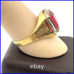 VTG Estate 14K Yellow Gold & Synthetic Spinel Engraved Shank Size 12 Mens Ring