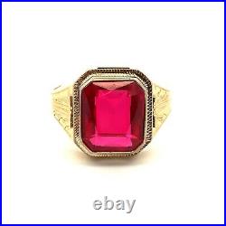 VTG Estate 14K Yellow Gold & Synthetic Spinel Engraved Shank Size 12 Mens Ring
