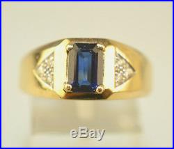 VTG MENS 14K YELLOW GOLD RECTANGULAR SAPPHIRE RING With DIAMOND ACCENTS SIZE 9.25