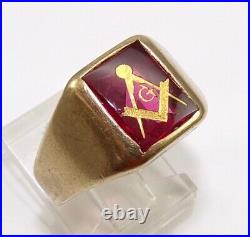 VTG Men's Mason Masonic 10K Yellow Gold Ruby Ring Size 8 LMI2