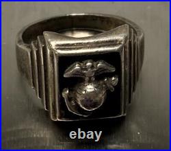 VTG Sterling Silver US Marine Corps Men's Signet Ring Sz 10 7.4g Militaria 1950s