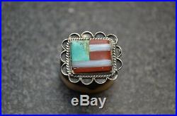 VTG Turquoise inlay Mens Ring Fred Harvey Old Pawn NAVAJO Silver American Flag 9