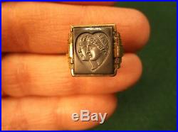 Very Rare Vtg Antique 10k Gold Art Deco Signet Ring, Man Lady Profiles In Heart