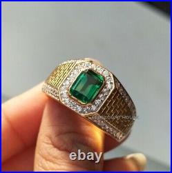 Vintage 0.50 Ct Green Emerald Cut Men's Engagement Ring 14k Yellow Gold Finish