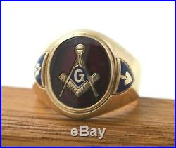 Vintage 10K Gold Masonic Mens Ring Blue Lodge With Red Stone Size 10