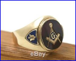 Vintage 10K Gold Masonic Mens Ring Blue Lodge With Red Stone Size 10