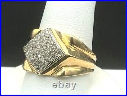 Vintage 10K JTW Mens Ring, Yellow Gold Band with Stepped Sides and Pave Diamond