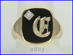 Vintage 10K Yellow Gold Black Onyx Diamond Initial C Men's Signet Ring Size 9.25
