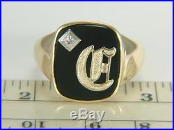Vintage 10K Yellow Gold Black Onyx Diamond Initial C Men's Signet Ring Size 9.25