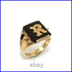 Vintage 10K Yellow Gold Black Onyx Letter Initial R Men's Ring Size 9.75