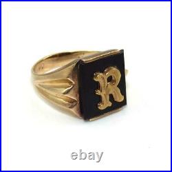 Vintage 10K Yellow Gold Black Onyx Letter Initial R Men's Ring Size 9.75