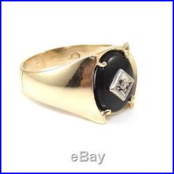 Vintage 10K Yellow Gold Black Onyx Natural Diamond Men's Pinky Ring Size 9.5